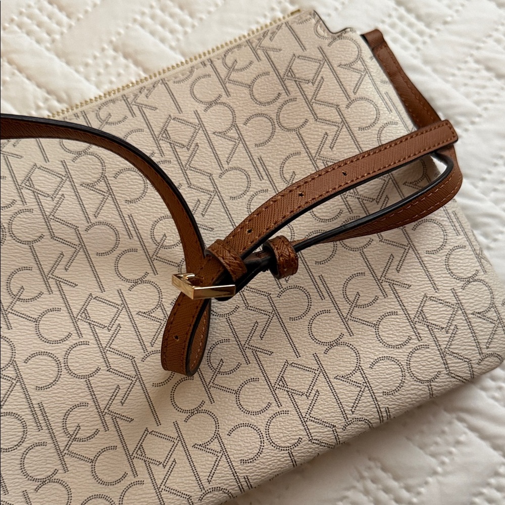 Calvin Klein Cream Monogram Chain Crossbody with Brown Strap - Picture 4 of 8